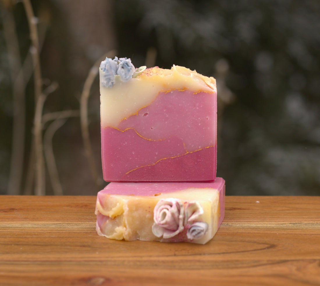 natural soap organic soap pink mountains on handmade soap front view