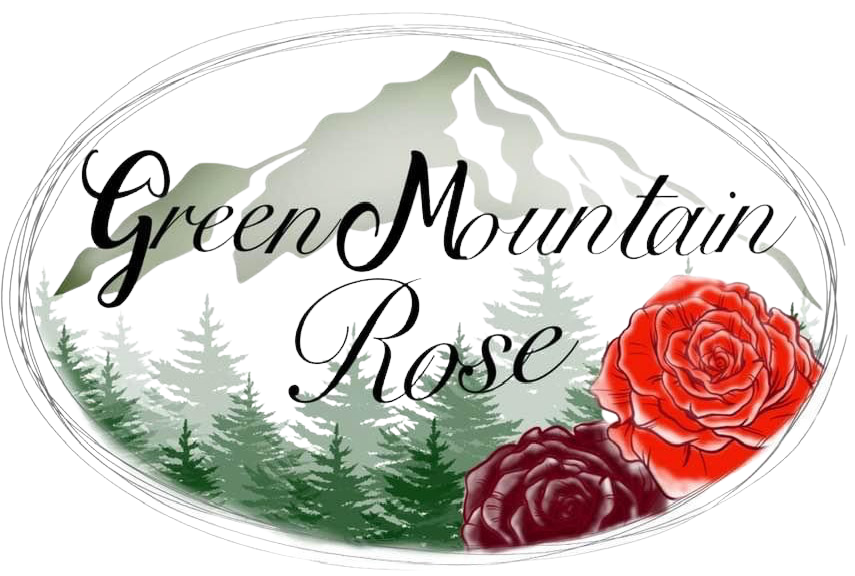 Green Mountain Rose logo with green mountains and two red roses