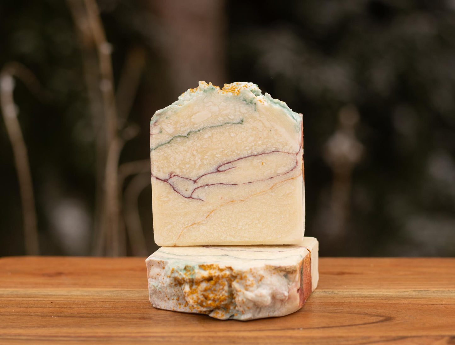 Evergreen soap with red, gold and green mica