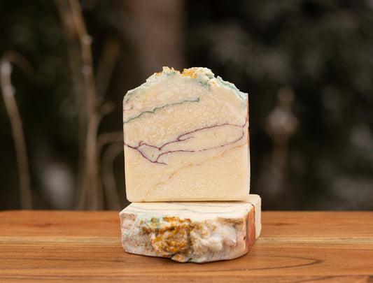 Evergreen soap with red, gold and green mica