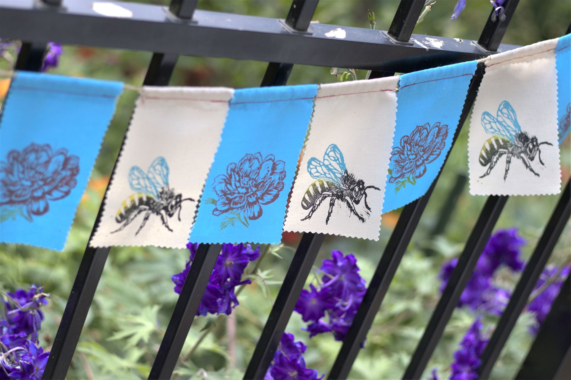 bees and flower garden flags handmade and handstamped